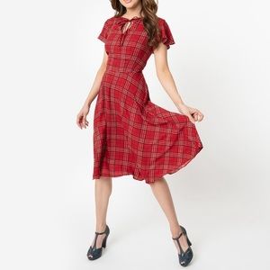 Unique Vintage red plaid swing dress